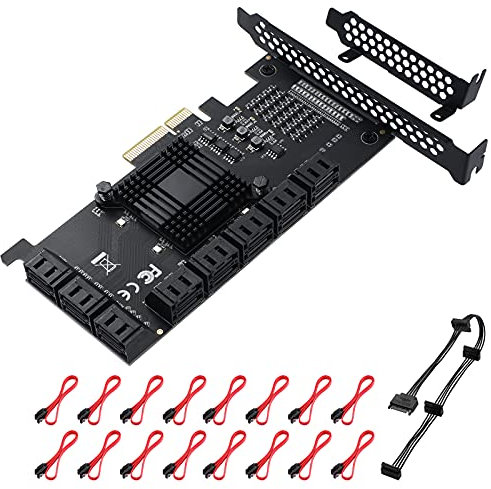 MZHOU PCIe SATA Karte, PCIe zu SATA-Controller-Erweiterungskarte, 6 Gbit/s X4/X8/X16,Unterstützt 16 SATA 3.0-Geräte mit 16 SATA-Kabeln und Low-Profile-Halterung（ASM1166-Chip）