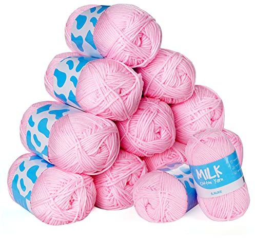 12 Pack Super Soft Double Knitting Yarn, ilauke Premium Acrylic Crochet Yarn for Knitting, Double Knit Balls of Chunky Yarn for Crochet, Ideal for Yarn Projects Handcrafts, 600g,1200M (Pink)