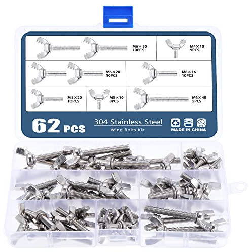 OCR 62 Pcs 7 Sizes Wing Screws Assortment Kit, Stainless Steel Butterfly Screws Thumb Screws Mounting Hardware Fitting Fastenings, M4 M5 M6 Metric Wing Bolt