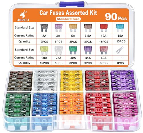 JOREST Fusible Voiture Set - 90Pcs Moyenne Fusibles Automobile + 1Extracteur, Plats Fusible Voiture pour Auto Truck/RV/Camion/Moto (2A 3A 5A 7.5A 10A 15A 20A 25A 30A 35A 40A)