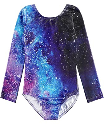 HOZIY Tumbling Outfits for Girls Long Sleeve Gymnastics Practice Leotard With Sleeves Blue Galaxy Milky Way 8-10 Size 8 10 Purple Starry Sky Stars Unitard Shiny Equipments for Kids