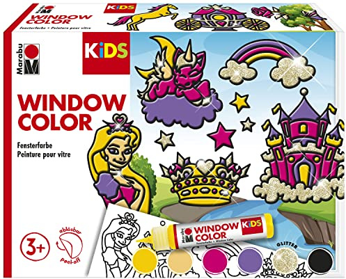 Marabu 306000000005 - KiDS Window Color Set Prinzessin, 6 x 25 ml Fensterfarbe auf Wasserbasis, 2 Malvorlagen in A3 und A4, 30 Motive, für Kinder ab 3 Jahren
