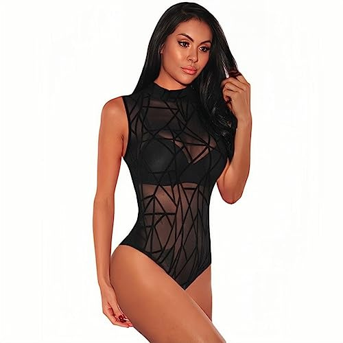 Rongseng Body Femme Sexy Bodysuits en Maille Transparente sans Manches Bodycon Une Pièce Bodys Élégant Combinaisons Jumpsuit Stretch T-Shirt Party Justaucorps Lingerie Clubwear