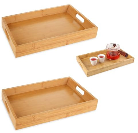 WOPPLXY 2PCS Bamboo Wooden Trays with Handles - 38x25x4CM Wooden Trays for Serving Food - Rectangular Bamboo Serving Tray for Home, Breakfast, Snacks