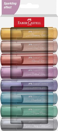Faber-Castell 254678 Juego de 8 Subrayadores Metalizados, con Punta Biselada de Precisión, Subrayadores Glitter Metal en Colores Vibrantes, Diseño Plano Ergonómico