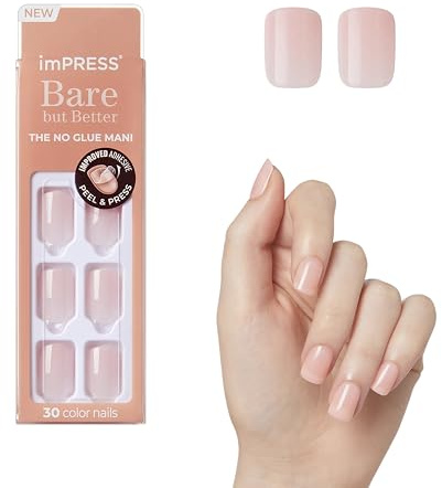 KISS imPRESS No Glue Mani Press On Nails, Bare but Better, 'Instinct', Pink, Short Size, Squoval Shape, Includes 30 Nails, Prep Pad, Instructions Sheet, 1 Manicure Stick, 1 Mini File