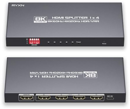 HDMI-splitter 1 i 4 utgångar 4K 120Hz, HDMI splitter 8K 1x4 kompatibel med 8K @60Hz, 4K @120Hz, HDMI 2.1, EDID, HDMI-ljudutgång, HDCP2.3, för PS4/5, Xbox, Fire Stick, Blu-ray-spelare, låda