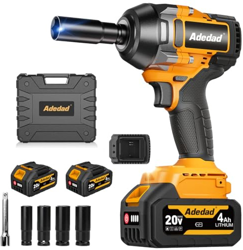 Adedad 1000N.m 1/2 Zoll Schlagschrauber 20V Bürstenloser Akku Schlagschrauber mit 2x4.0Ah Akku und Ladegerät, Stecknüsse, Verlangerung und Koffer Impact Wrench für Auto, Autoreifen Engineering & DIY