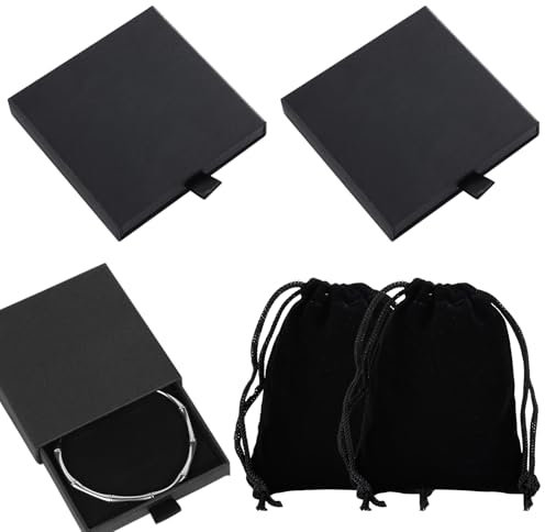 VEGCOO 2 Pezzi Confezione Regalo per Gioielli con 2 Sacchetti Regalo, 8 x 8 x 1,7 cm Scatola Regalo per Collana in Cartone, Confezione Regalo Piccola per Riporre Anelli, Collane e Polsini (Neo)