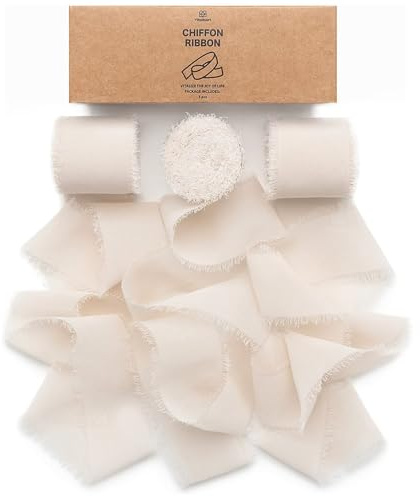 Vitalizart Chiffon Light Nude Gift Ribbon 3 Rolls 1.5'' x 7 Yd | 21 Yd Handmade Frayed Fringe Ribbons for Wedding Invitations, Bridal Bouquets, Gift Wrapping, Decoration, DIY Crafts