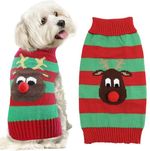 Asmea Maglione per cani lavorato a maglia con renna – caldo abbigliamento per animali domestici, morbido maglione natalizio per cuccioli di gatto, verde medio