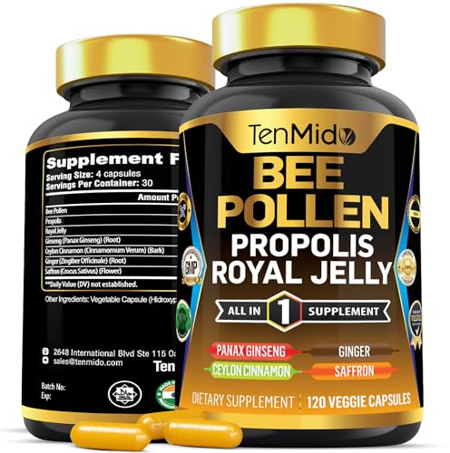 Tenmido Bee Pollen Capsules Supplement - 7in1 Formula - Combine with Propolis, Royal Jelly, Panax Ginseng, Ceylon Cinnamon, Ginger, and Saffron - Digestive Health, Immune Support - 120 Capsules