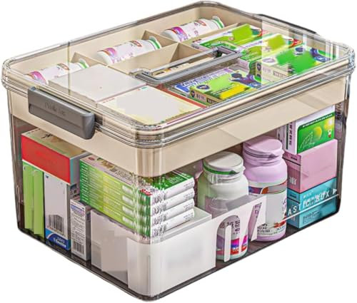 Sevitini Medikamentenbox aufbewahrung, Arzneimittel aufbewahrung mit Griff, 2 schicht tragbare Medikamenten Organizer groß kapazität, für zuhause, 28 * 21 * 17 cm (Grau)