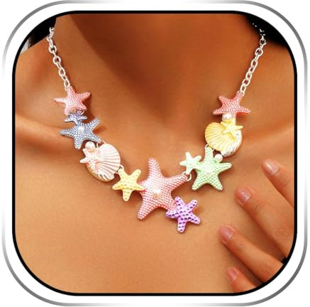 Handcess Starfish Necklace Colorful Shell Pendant Necklaces Boho Mermaid Jewelry for Women