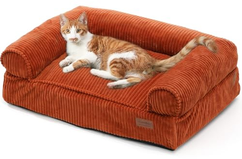 FUKUMARU Cuccia per Gatti Interno,Tessuto in Velluto a Coste, Letto per Gatti Ergonomico con Sostegno Integrato. Tessuto Rimovibile e Lavabile, Divano per Cani di Media Taglia, Antiscivolo,72x52x22 cm