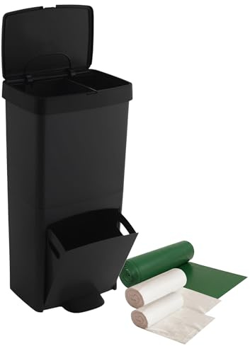 Pack Cubo de basura o reciclaje 70L, VERTICAL, 2 Compartimentos, Papelera residuos, 76 cm, INCLUYE bolsas de basura adaptadas: rollo 50L (10 bolsas) + rollo 30L (20 bolsas) + rollo 10L (15 bolsas)
