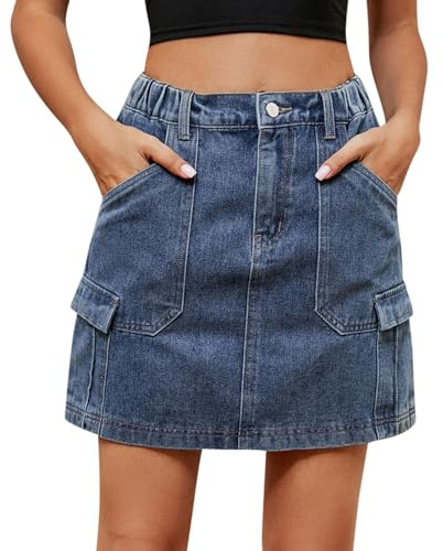 AnnSemo Womens Denim Mini Skirt High Waisted Short Jean Skirts Ladies Casual Cargo Skirt with Pockets Summer Classic Workwear Streetwear Cowgirl Skirts