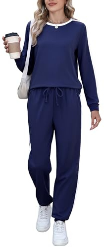 Marvmys Women Long Sleeve Jogging Set Crew Neck Sweatsuits Color Block Travel Outfits Track Suits Navy Blue L