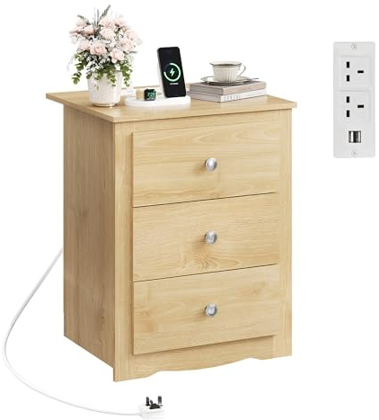 WLIVE 3-Drawer Wooden Bedside Table with Charging Station, USB Ports & Plug Sockets, Nightstand with Storage for Bedroom, Living Room, Office (1, Oak)
