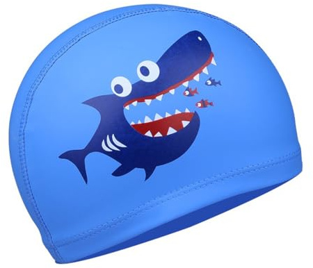 KEQAR 1 Bonnet de Bain Enfant - Bonnet Piscine Garçon Fille 4-10 Ans (Motif Requin Bleu Clair)