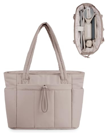 Wandering Nature Handtasche Damen Tote Bag 20L Groß Gesteppt Shopper Tasche mit Laptopfach (15,6 Zoll) & Getränkehalter (40oz/1.18L), Ideal für Büro Schule Reisen Shopping, Beige (Patent Angemeldet)