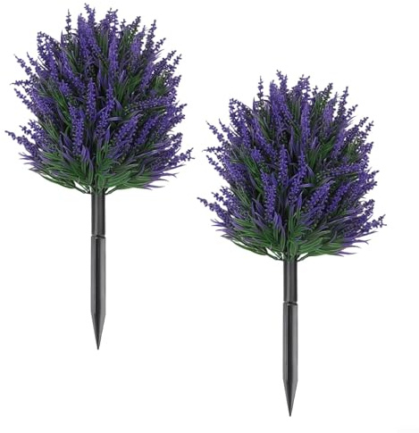Juego de 2 bolas de boj artificial de lavanda resistentes a los rayos UV, con estacas, fáciles de limpiar, aspecto realista, para interior y exterior, entrada, balcón, terraza, oficina, 50 cm, color