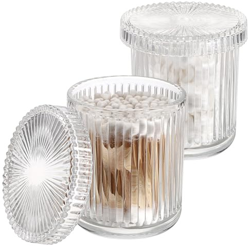OGANAZI 2 tamponi di cotone in vetro trasparente per toeletta, organizer da bagno, piccoli contenitori rotondi per batuffoli di cotone, filo interdentale, accessori per capelli, sali da bagno