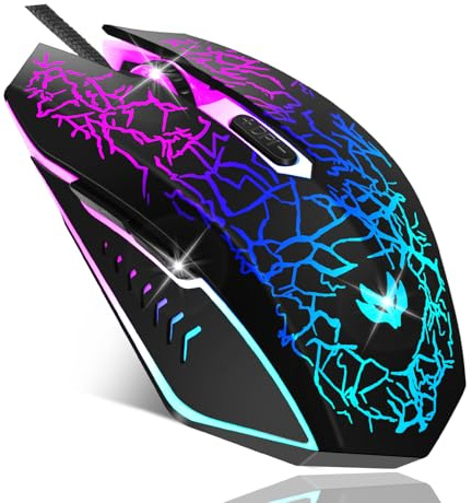 LuLabboard Gaming Mouse, 4 DPI Settings Up to 3600 DPI, Light Up RGB Ergonomic Optical Gaming Mice for Laptop/mac, Computer Wired USB Mouse, 7 Colors LED Backlight, 6 Programmable Buttons-Black