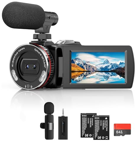 4K-Camcorder, 64 MP 30 fps Vlogging-Kamera mit kabellosem Mikrofon für YouTube, Ultra HD 7,6 cm Flipscreen, 21 x Digitalzoom Videorecorder-Kamera mit 64 GB SD-Karte, Fernbedienung und 2 Batterie