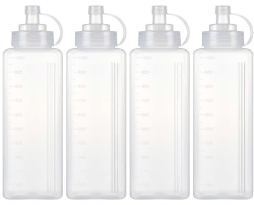 Stormshopping 4PCS 1000ml/32oz Squeeze Bottles, Plastic Condiment Bottle with Twist On Cap Lids, Squeeze Bottle for Sauces, Ketchup, Barbecue, Syrup, Paint - Square