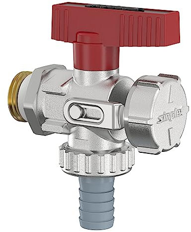 Simplex KFE-Kugelhahn G1/2 M x G3/4 M für den Einsatz in Heizungsanlagen, mit rotem Hebelgriff, selbstdichtend mit Spezialgewindedichtung. - F10671