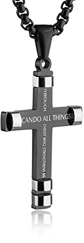 HZMAN Philippians 4:13 Cross Pendant STRENGTH Bible Verse Stainless Steel Necklace 3 Colors Available (Black)