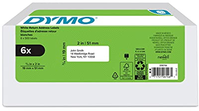 DYMO Authentic LW Return Address Labels for LabelWriter Label Printers, White, 3/4 x 2, 6 Rolls of 500 (3000 Total)