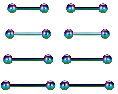 VCMART Nipple Rings Tongue Rings Stainless Steel Straight 14G Barbells Piercing Jewelry Rainbow 12mm,14mm,16mm,18mm