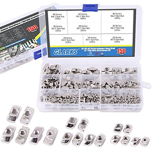 Glarks 150 pcs européen M3 M4 M5 M6 Tête de marteau pendantes en T Écrou fente Assortiment kit pour 20/30/40 série Profil Aluminium – en acier carbone plaqué nickel