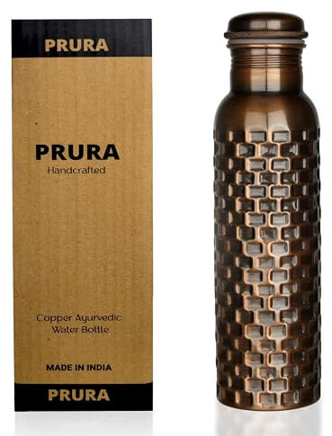 PRURA, ayurvedische Kupfer-Wasserflasche, auslaufsicheres naturreines Kupfergefäß 900ml/30oz