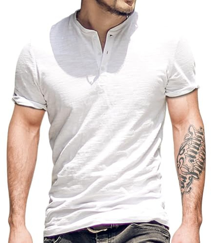 Mens Regular-fit Henley T-Shirt Short-Sleeve with 3 Buttons Placket Slub Vintage Cotton White M