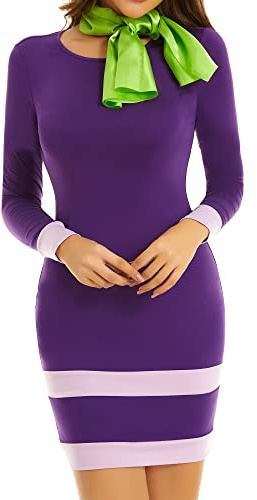 MSBASIC Halloween Costume Women Adult Purple Mini Dress Classic Cosplay Outfits With Scarf, Purple, Large