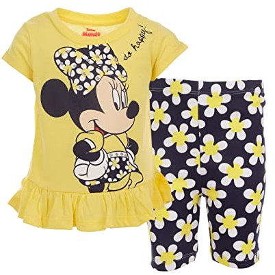Disney Minnie Mouse Schößchen-T-Shirt und Fahrrad-Shorts, Outfit-Set für Kleinkinder bis große Kinder, Lemon Drop, 14-16