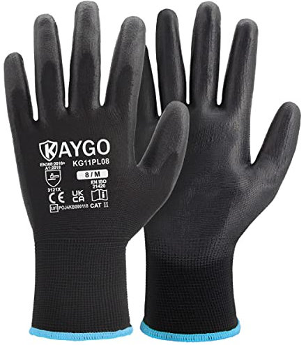 KAYGO Work Gloves PU Coated-12 Pairs, KG11PB, Black Safety Working Gloves with Secure Grip on Palm & Fingers, for Men and Women, Ideal for General Duty Work, Gardening (Medium, Black)