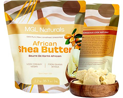 MGL Naturals Raw African Shea Butter Ivory 2.2 lb, 100% Pure, and Unrefined. Nourish and moisturize hair and skin. Use alone or DIY recipes. From Ghana. (2.2 lb | 35.3oz | 1kg)