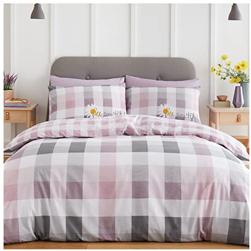 GC GAVENO CAVAILIA Checkered Duvet Bed Cover | Tartan Reversible Plaid Shape Polycotton Flowers Printed Quilt Covers Bedset | Blush Pink Geometric Bedding Single