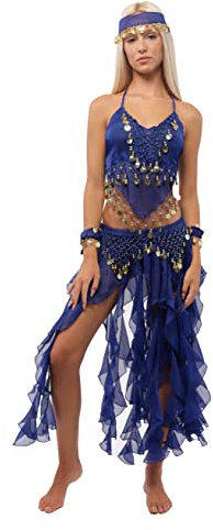 5 Piezas Traje de Danza del Vientre Profesional para Mujer, Conjunto de Accesorios Top y Falda Largas de Gasa para Disfraces India y Fiestas Temáticas, Talla única (Azul)