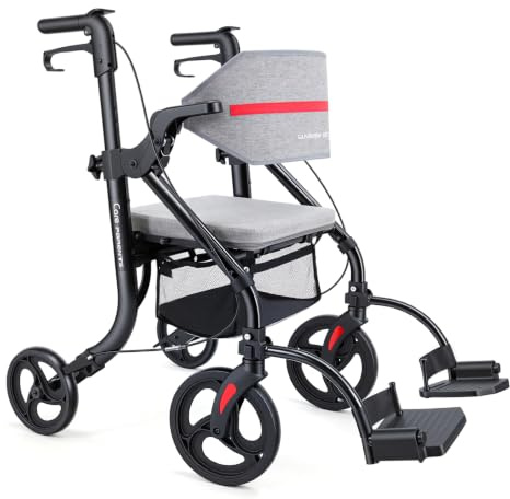 Care-Parents 2-i-1 rullstol rullator, vikbar, lätt (11 kg), aluminium, sittbredd: 38 cm, gånghjälp, med säte och nätficka, justerbar höjd, för äldre och funktionshindrade personer, upp till 100 kg (CP