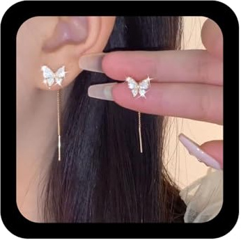 TseenYi Pendientes Largos Cadena Borla Mariposa Cz Studs Oro Brillantes Rhinestone Largo Tirón Enhebrador Joyas Para Mujeres Y Niñas Regalos