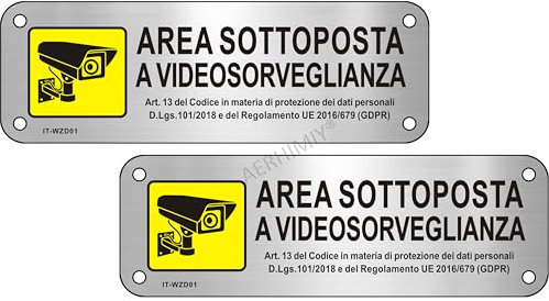 Cartello Videosorvegliata Alluminio Spazzolato 15x5cm, 2 Cartello Adesivo Area Videosorvegliata Metallo di Piccole Dimensioni