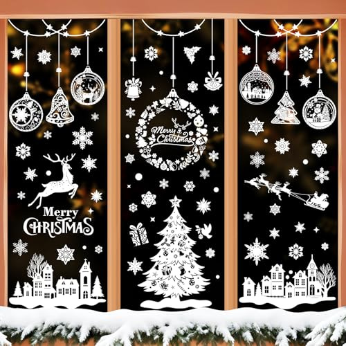 Vetrofanie Natalizie per Finestre, 244 Pezzi Adesivi Natalizi per Vetrine Negozio Grandi Riutilizzabili Decorazioni Natalizie per la Casa, PVC Adesivi Finestre Natale Fiocchi di Neve Addobbi Natalizi