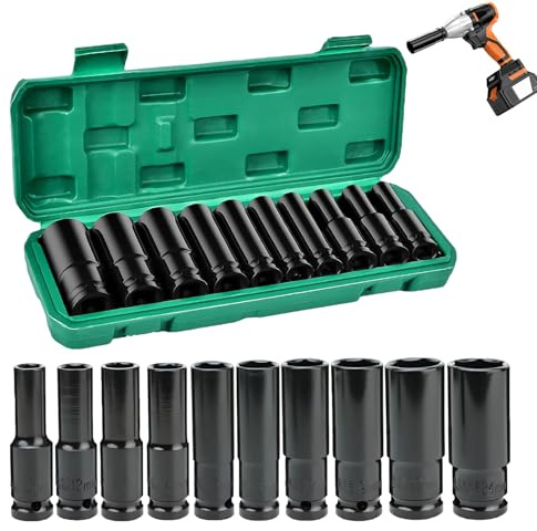 10 Pcs Deep Impact Socket Set, 1/2 Socket Sets 10-24mm Hex Long Socket Set Impact Wrench Durable for Professional Repair, Home Car Repair