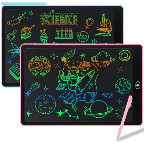 Damcyer Tablette D'écriture LCD 15 Pouces-2 Pack,LCD Tablette Dessin avec Ecran Coloré,Bloc D'écriture Effaçable avec des Autocollants D'animaux,pour Garçons et Filles de 3 4 5 6,Bleu + Rose