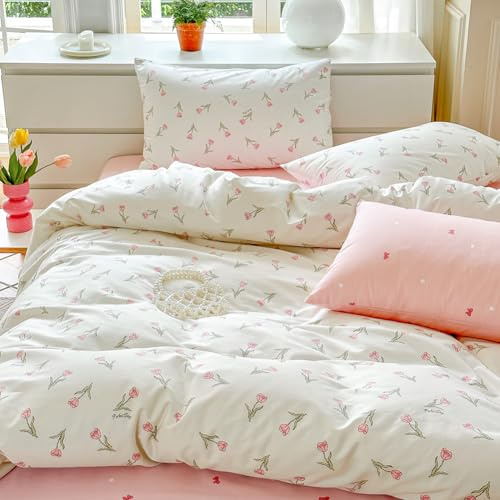 Covebett Bettwäsche 155x220 Baumwolle Rosa Weiß Tulpen Blumen Floral Wende Bettwäsche Set 2teilig Romantisch Mädchen Geblümt Bettbezug und Kissenbezug 80x80 cm mit Reißverschluss